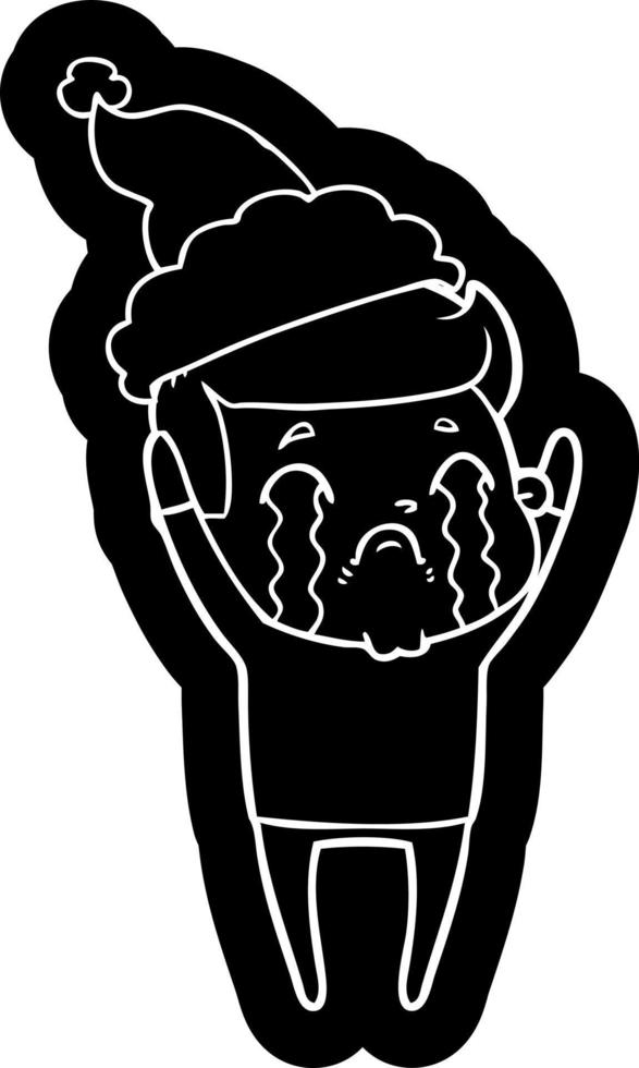 cartoon icon of a man crying wearing santa hat vector