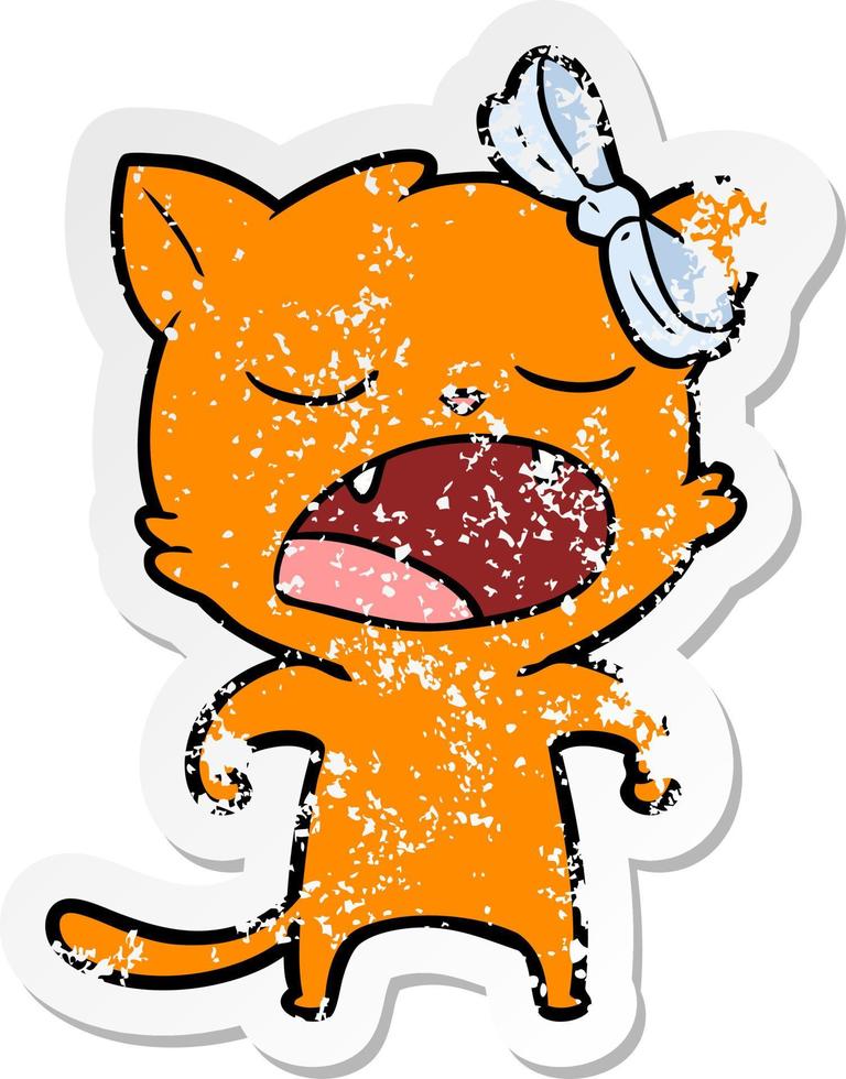 distressed sticker of a cartoon yawning cat vector