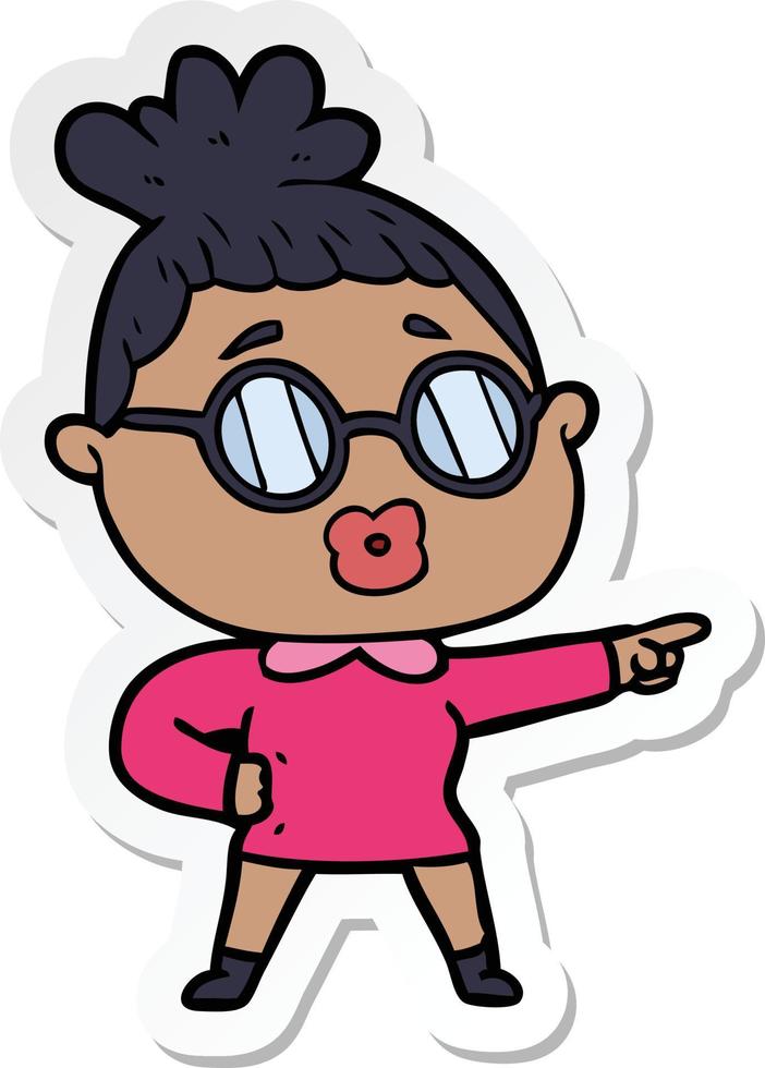 sticker of a cartoon pointing woman wearing spectacles vector
