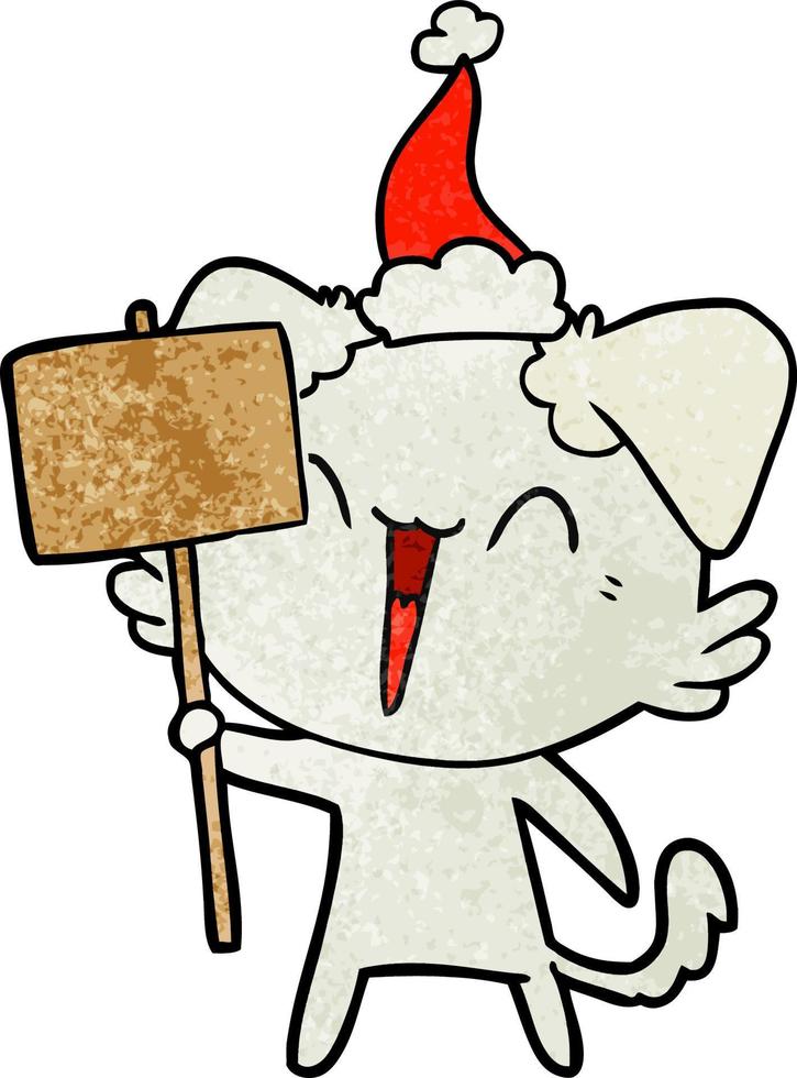 happy little textured cartoon of a dog holding sign wearing santa hat vector