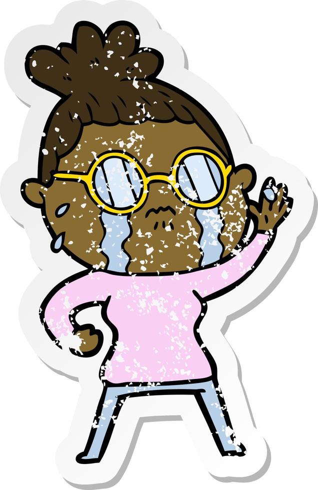distressed sticker of a cartoon crying woman wearing spectacles vector