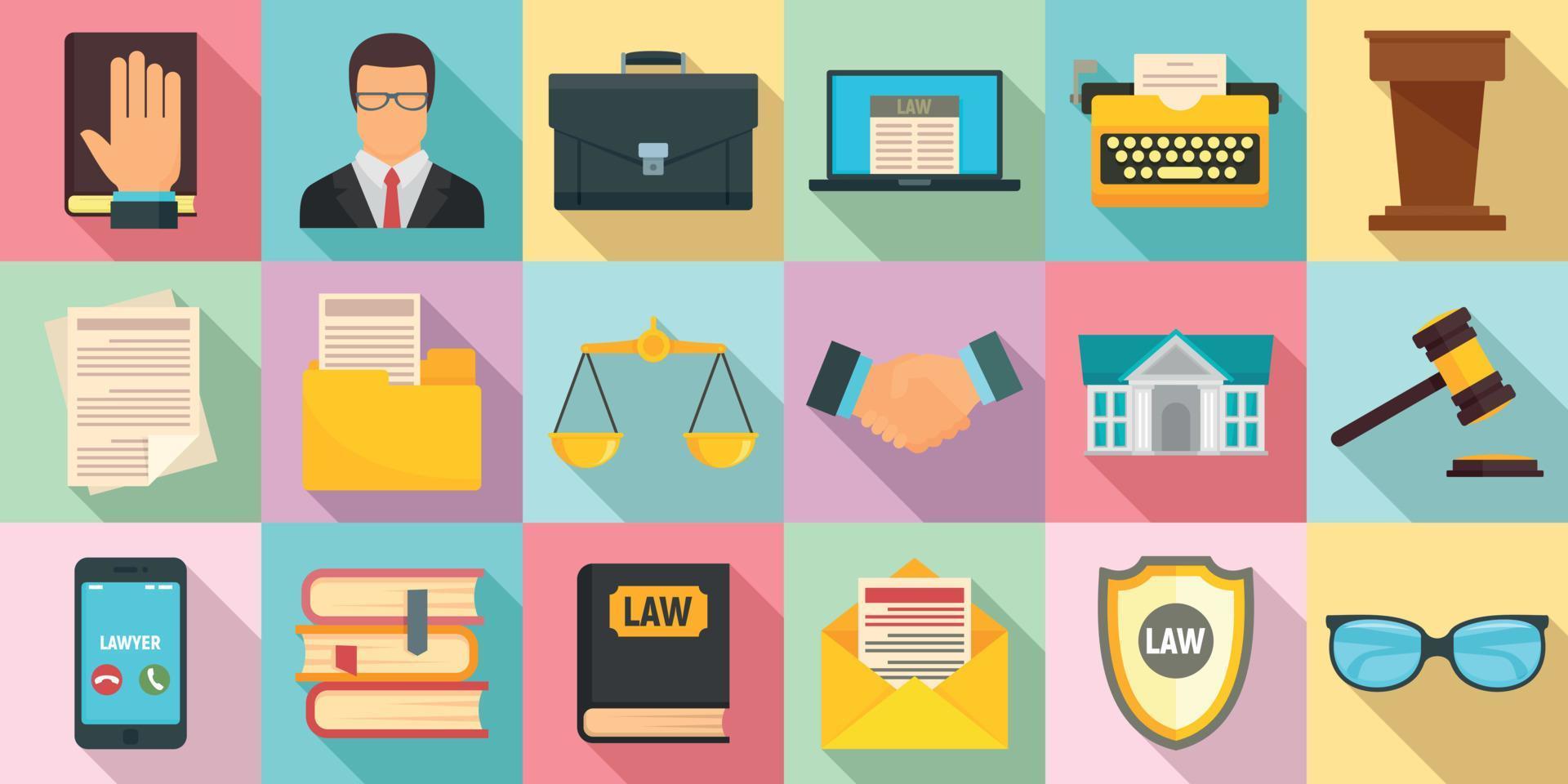 Lawyer icons set, flat style vector