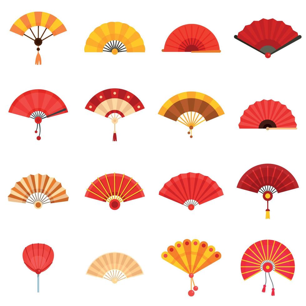 Handheld fan icons set, flat style vector