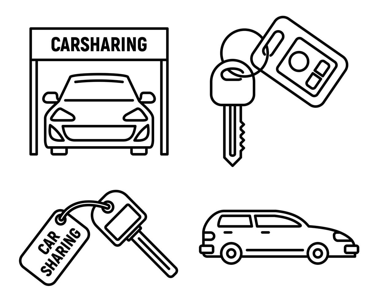 conjunto de iconos de uso compartido de automóviles de la ciudad, estilo de contorno vector