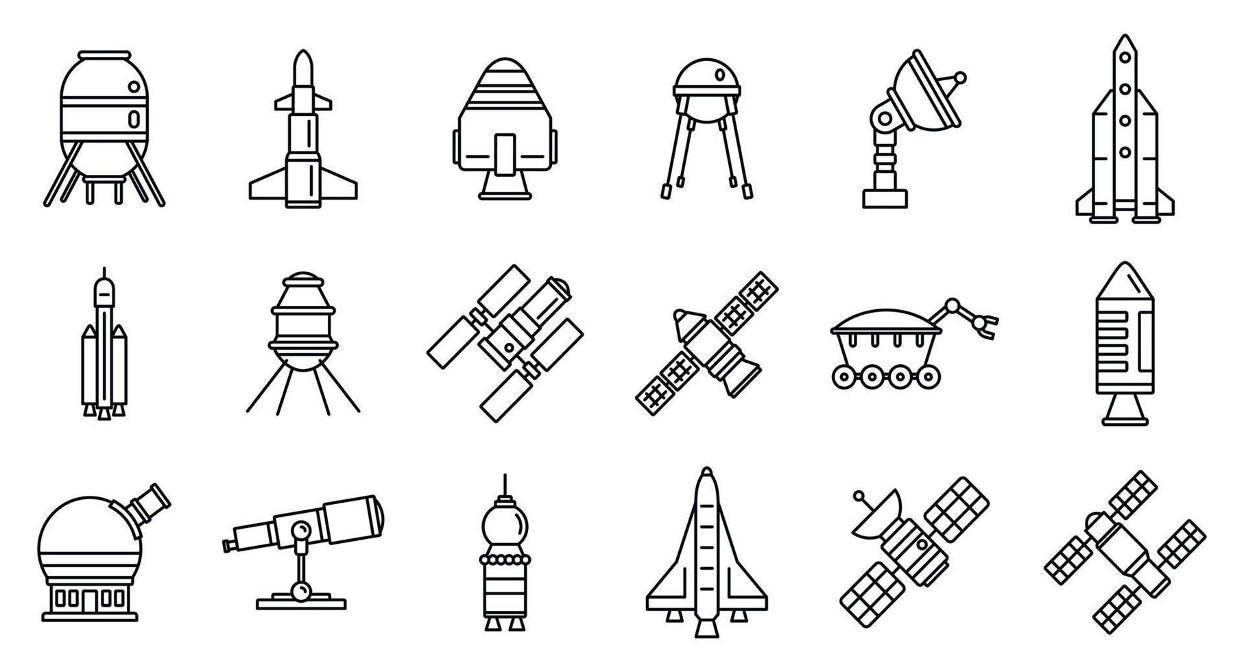 Planet space research technology icons set, outline style vector