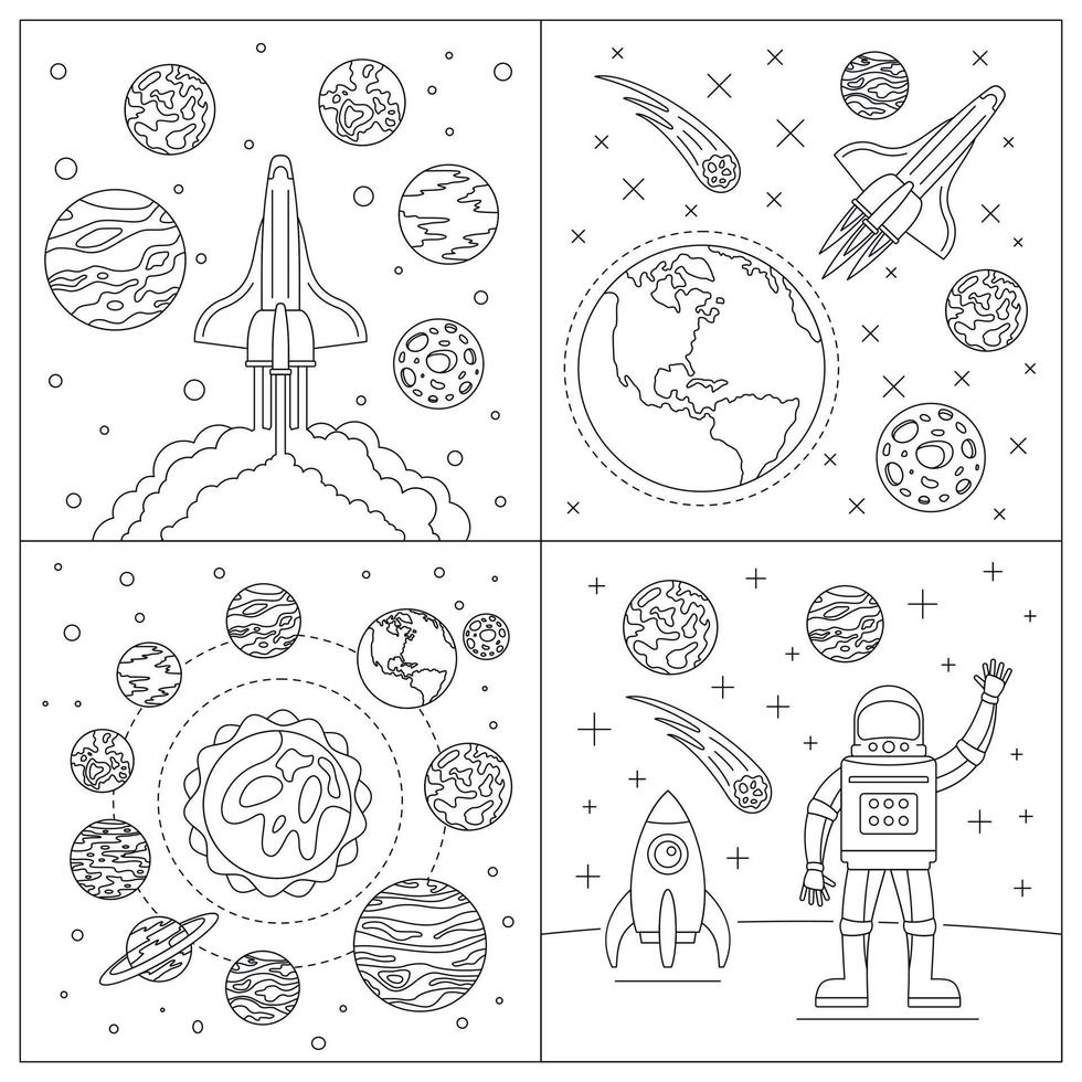 Galaxy planets banner set, outline style vector