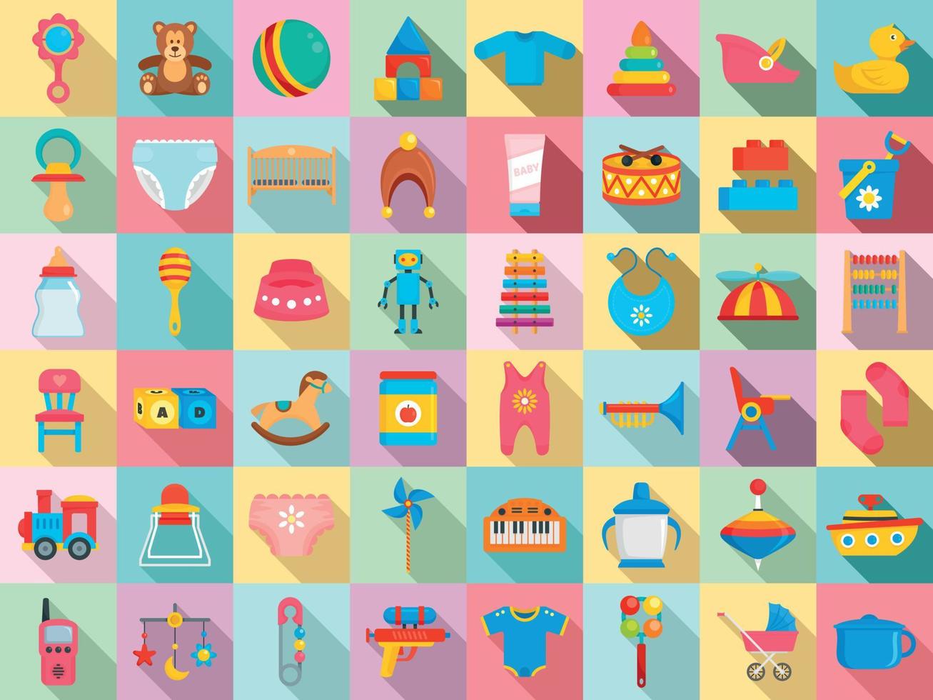 conjunto de iconos de artículos para bebés, estilo plano vector
