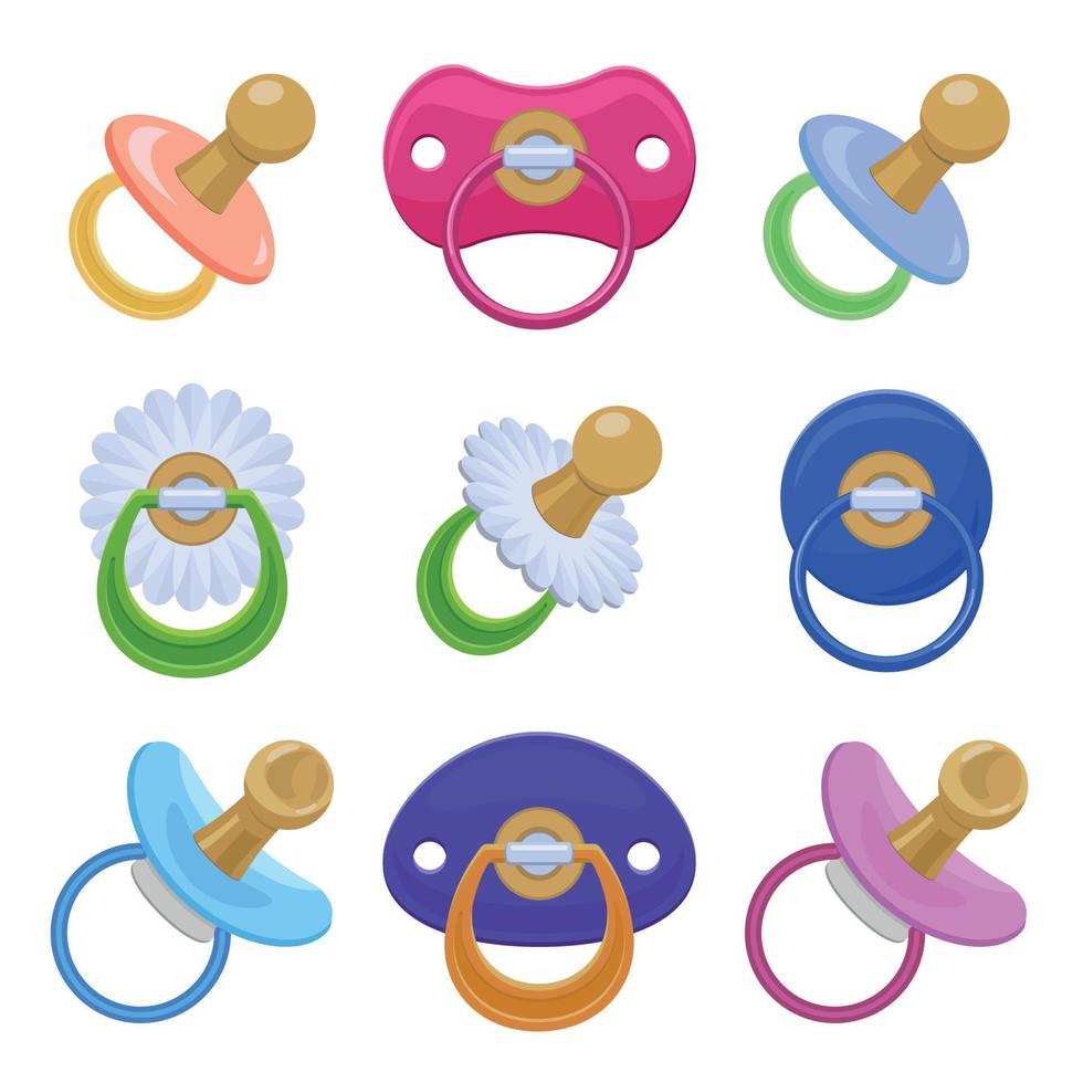 Pacifier icons set, cartoon style vector