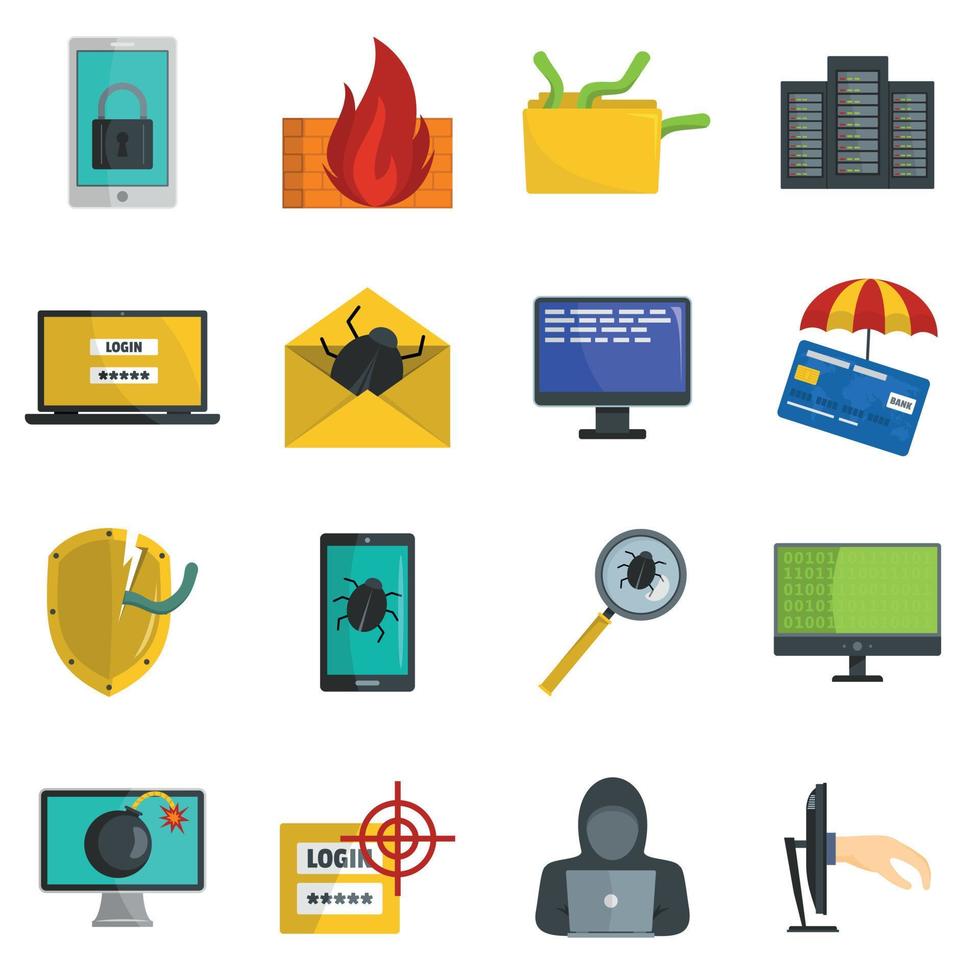 Cyber attack computer virus icons set vector isolated