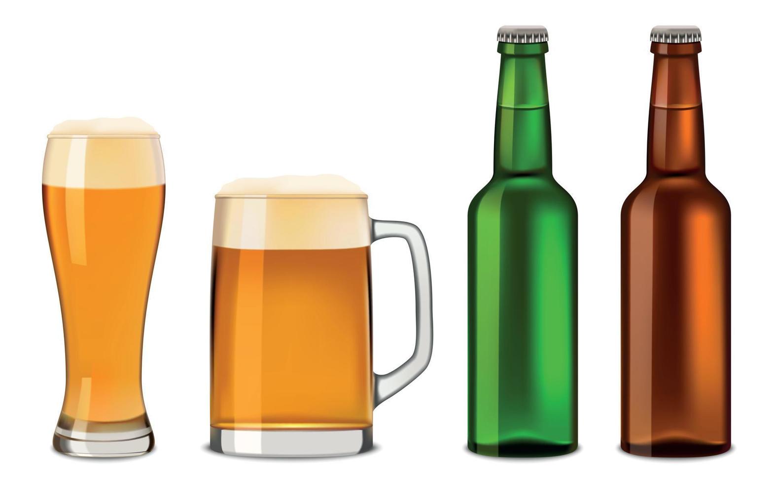 Beer bottles glass mockup set, realistic style vector