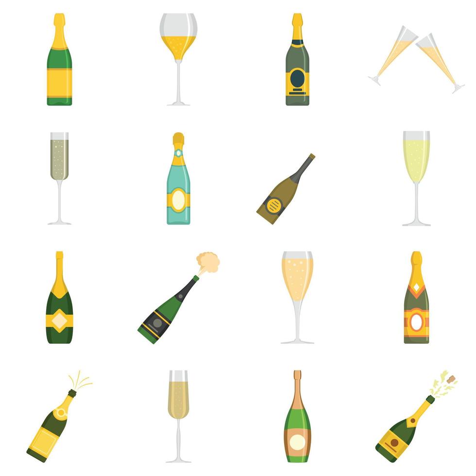 botella de champán, vidrio, iconos, conjunto, vector, aislado vector