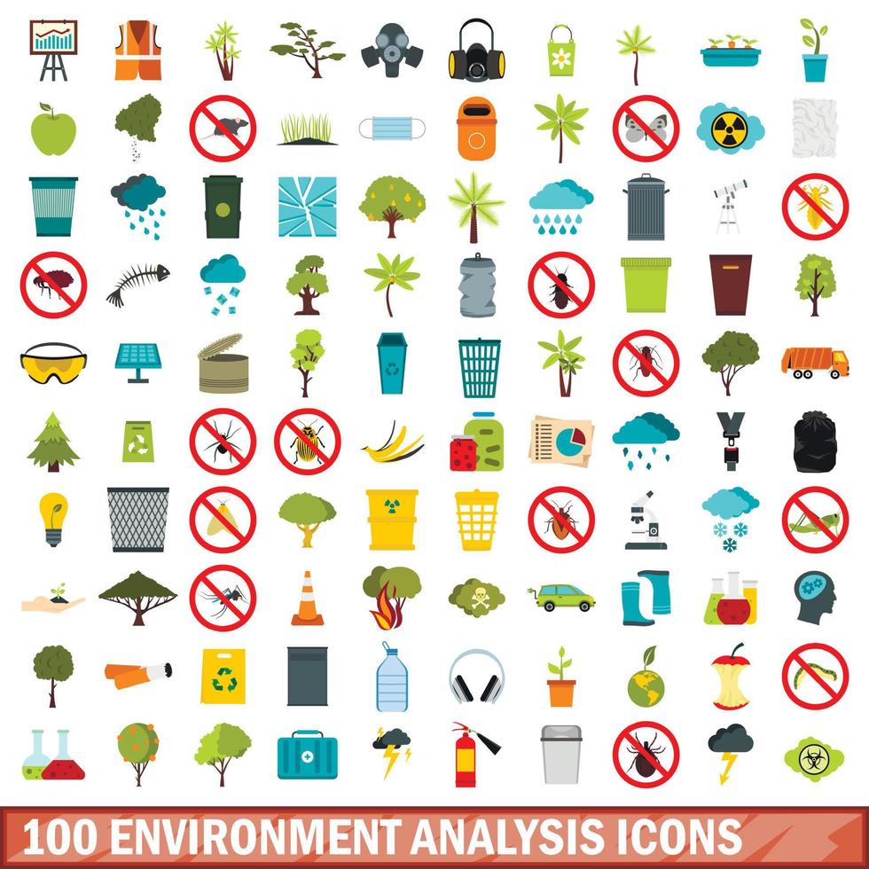 100 environment analysis icons set, flat style vector