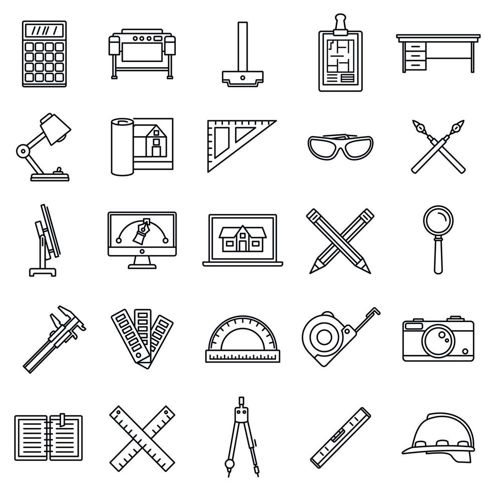 conjunto de iconos de herramientas de material de arquitecto, estilo de esquema vector