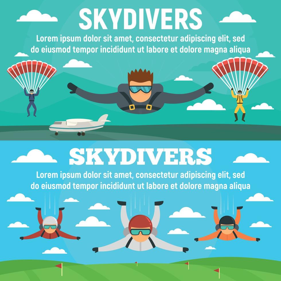 Skydivers banner set, flat style vector