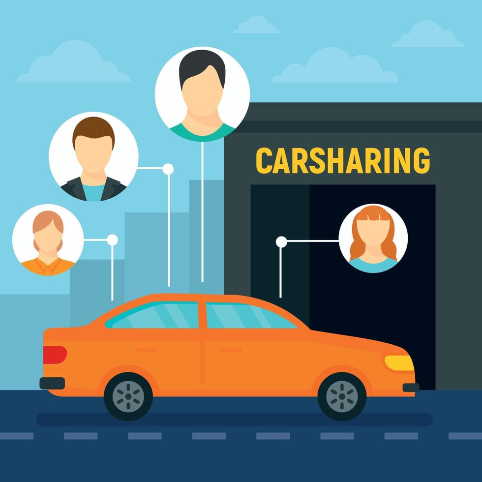 Friends car sharing concept background, flat style vector