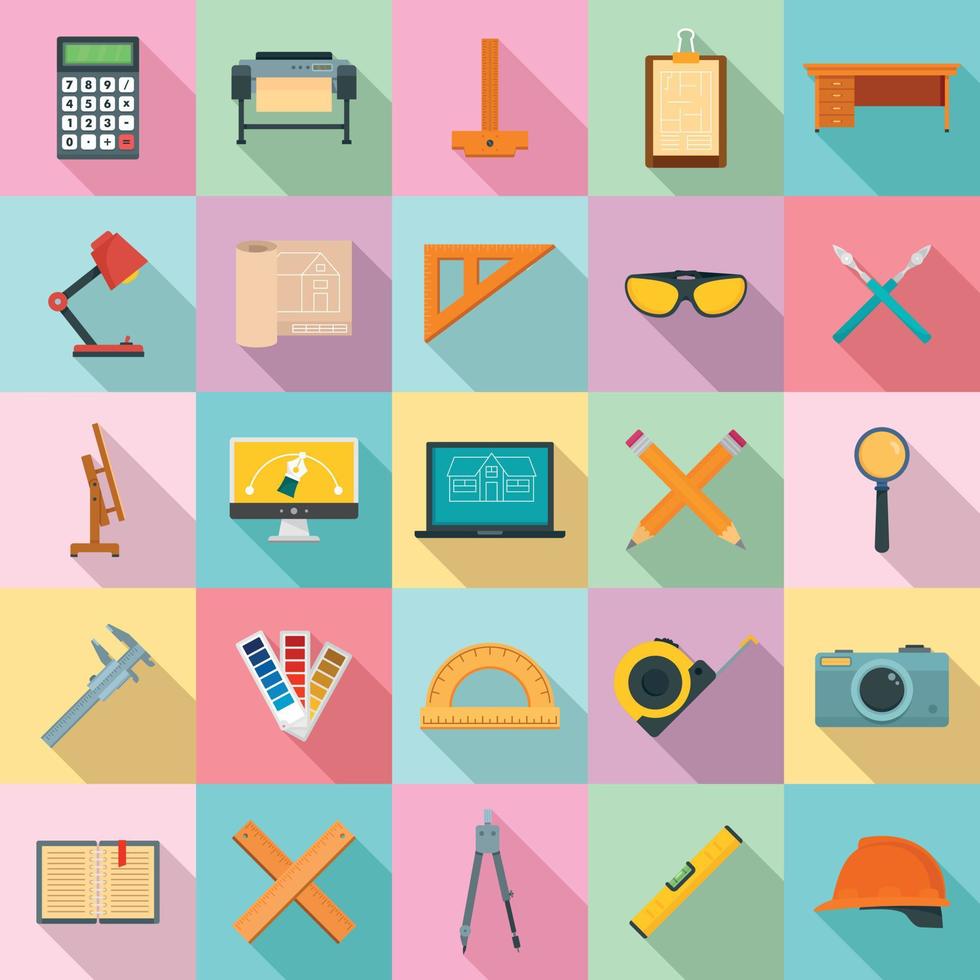 Architect equipment icons set, flat style vector