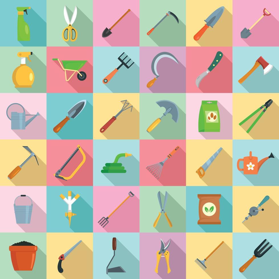 Gardening tools icon set, flat style vector