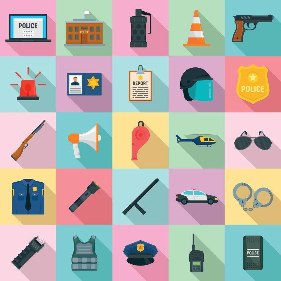 Police equipment icons set, flat style vector
