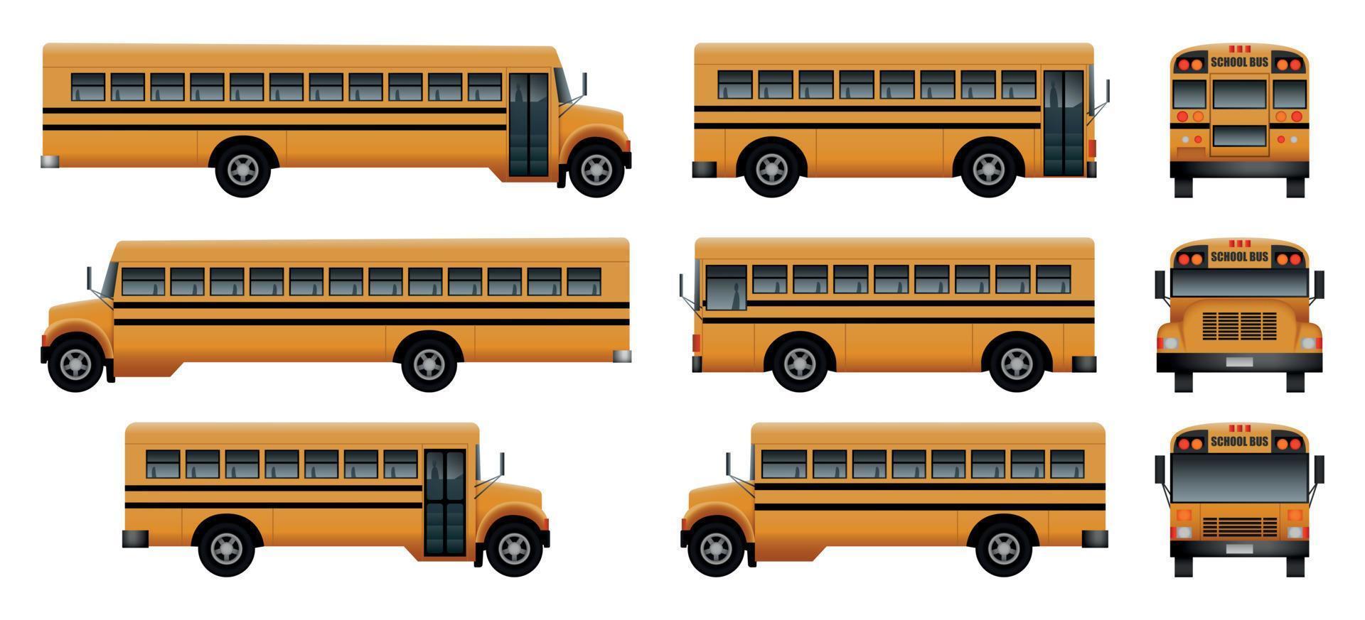 autobús escolar atrás niños conjunto de iconos, estilo realista vector