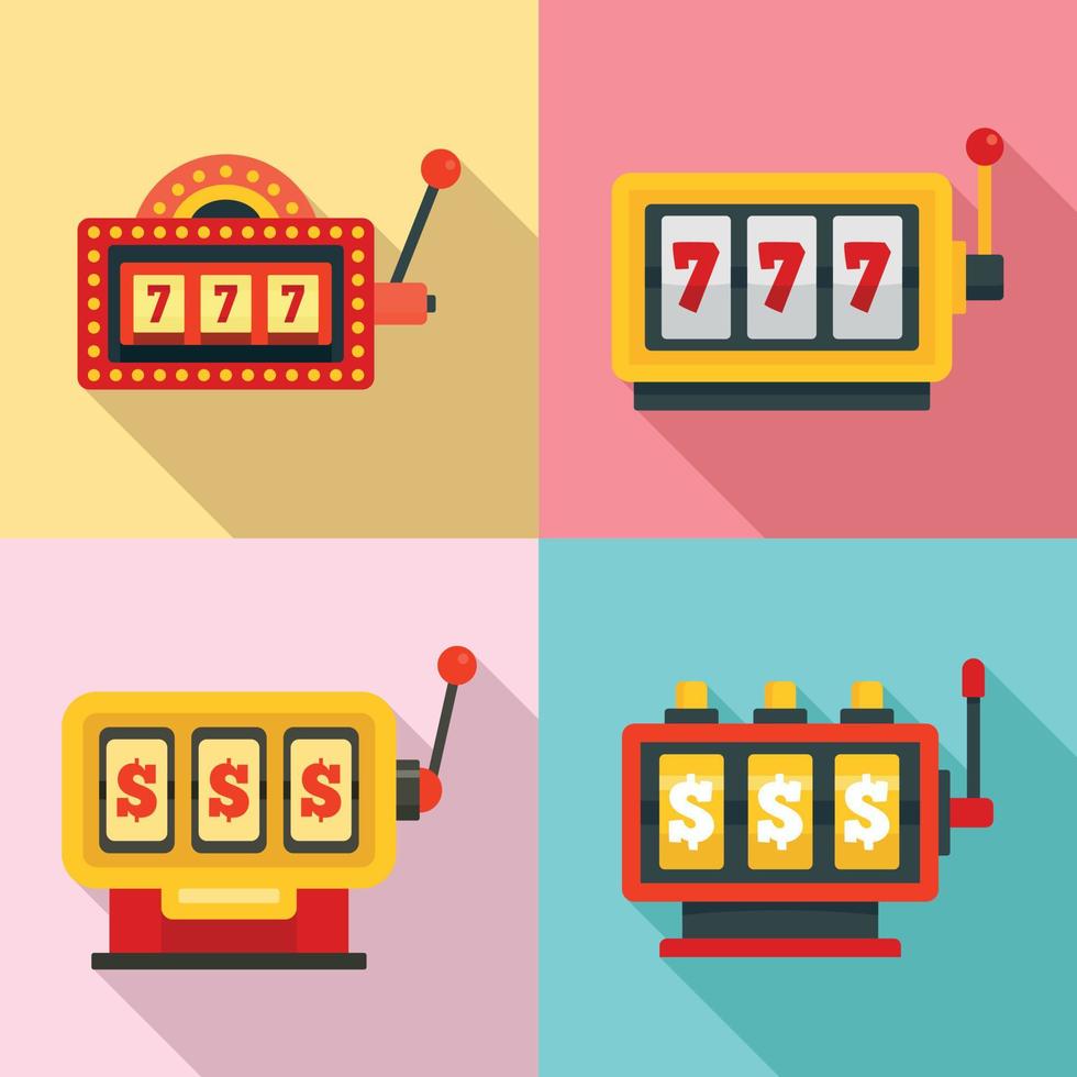 Slot machine icons set, flat style vector