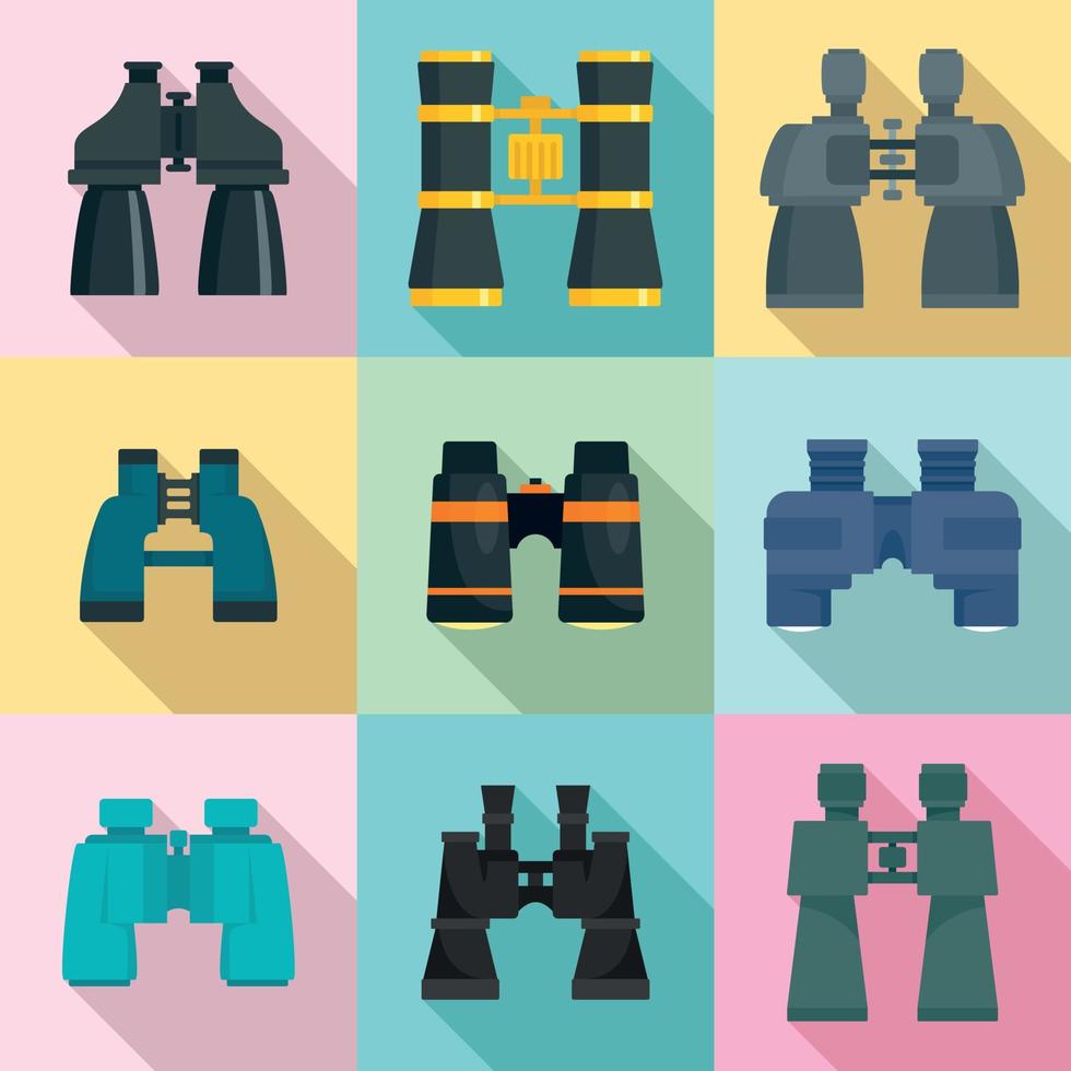 Binoculars icons set, flat style vector