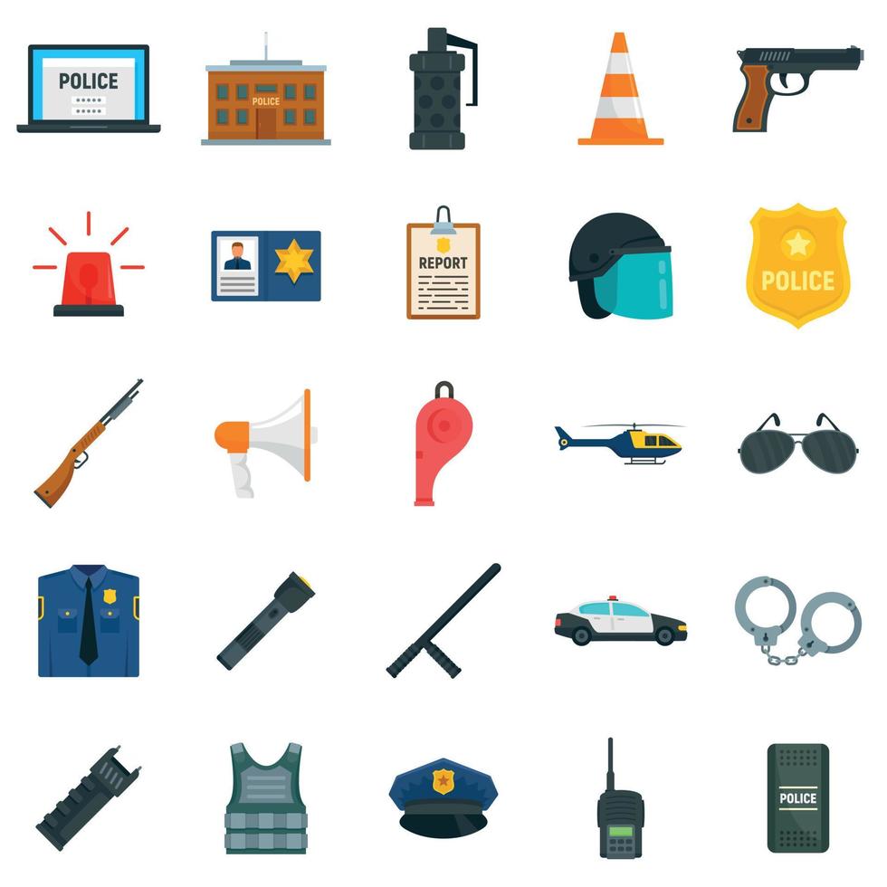 conjunto de iconos de equipo de policía, tipo plano vector