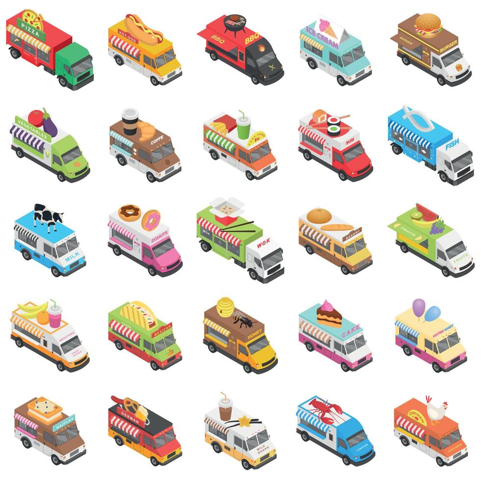 Food truck transport icons set, isometric style vector