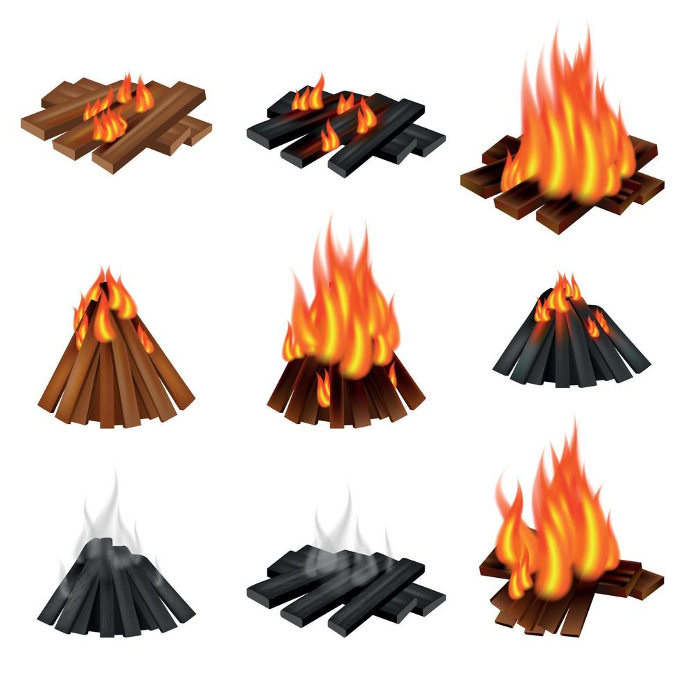 Campfire icon set, realistic style vector