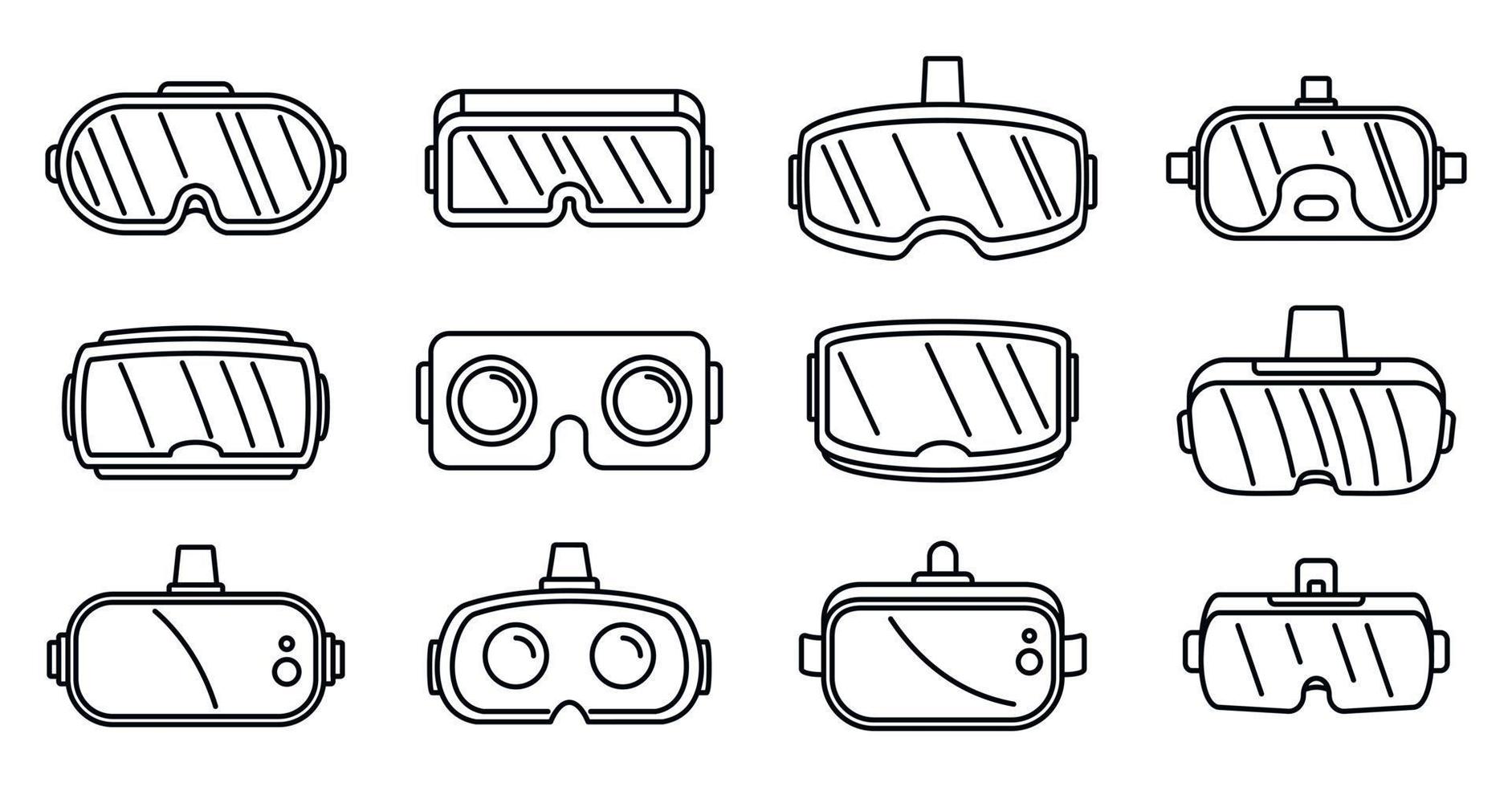 Video game goggles icons set, outline style vector
