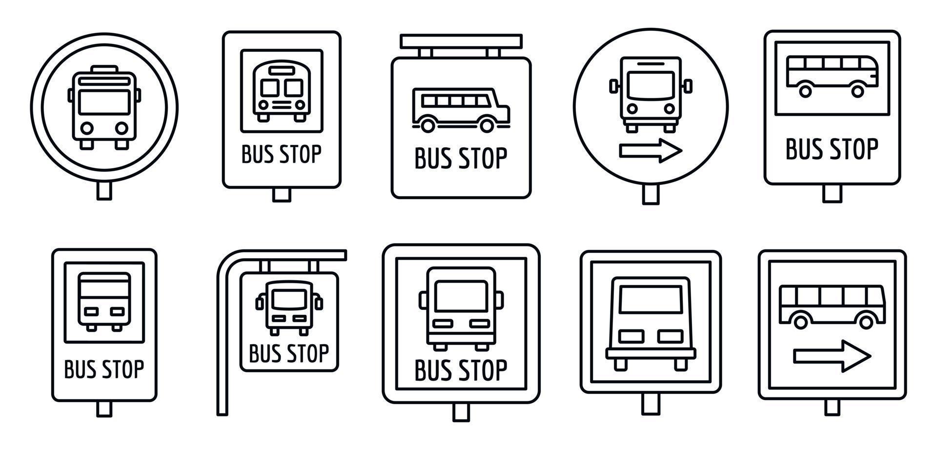 conjunto de iconos de señal de parada de autobús de la ciudad, estilo de esquema vector