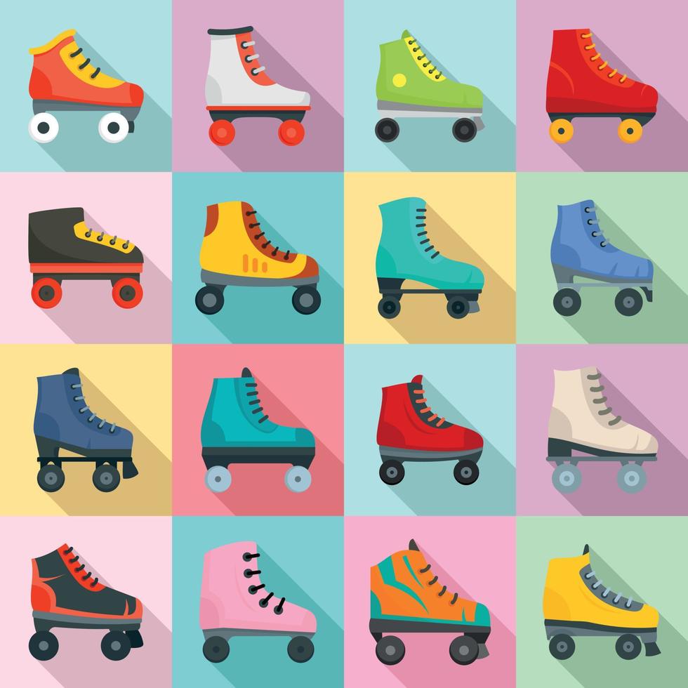 Roller skates icons set, flat style vector