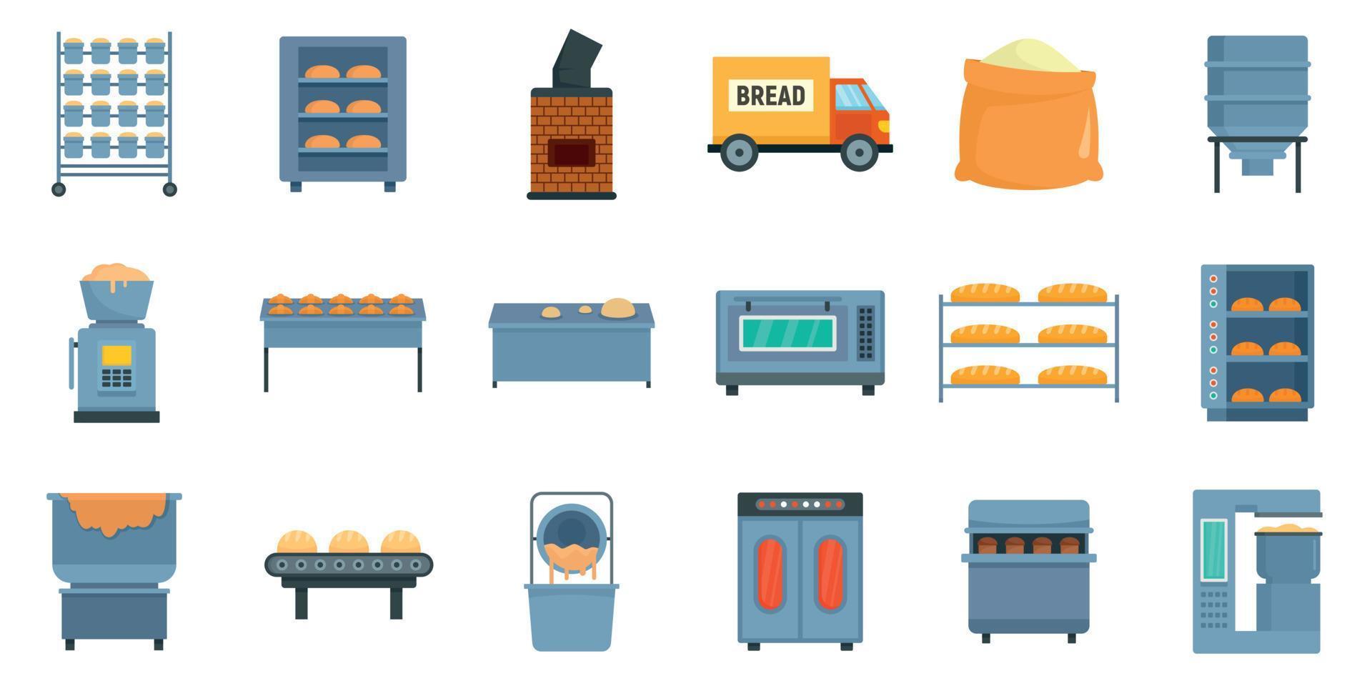 Bakery factory icons set, flat style vector