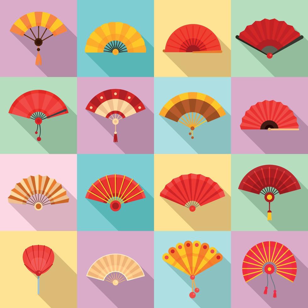 Handheld fan icons set, flat style vector