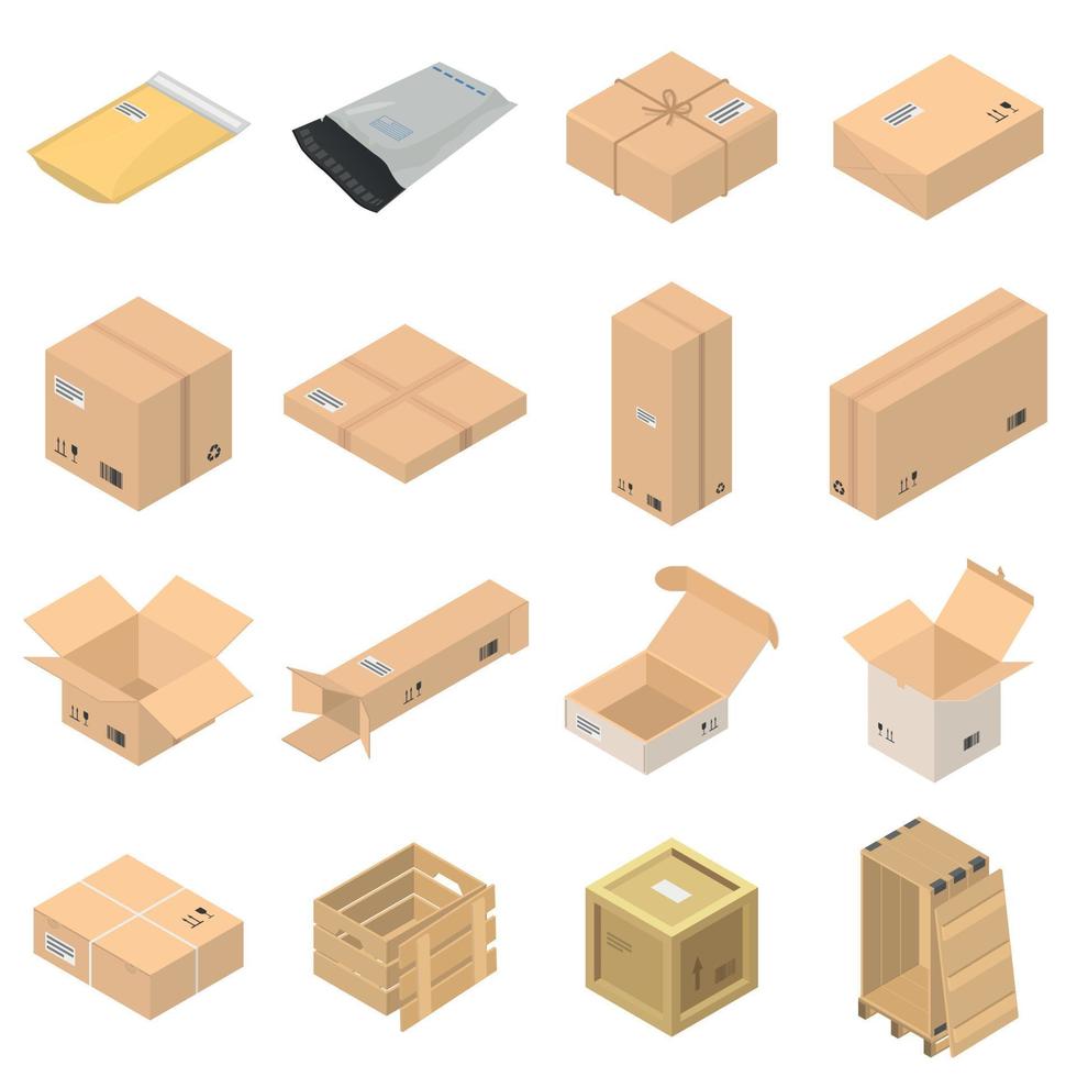 conjunto de iconos de caja de embalaje de paquetes, estilo isométrico vector