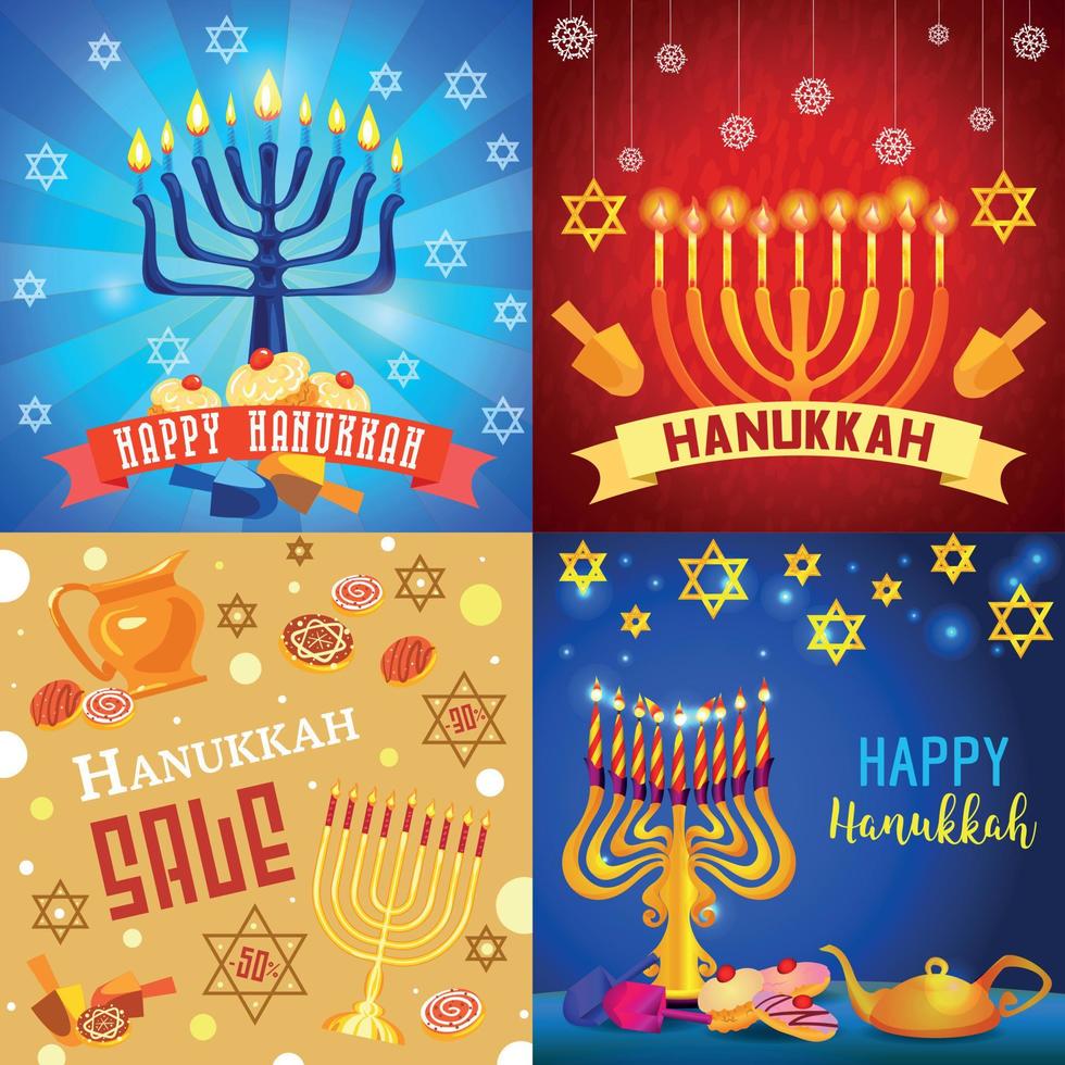 conjunto de banners de hanukkah, estilo de dibujos animados vector