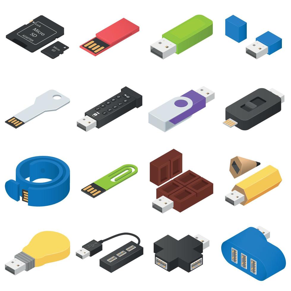 USB flash drive icons set, isometric style vector