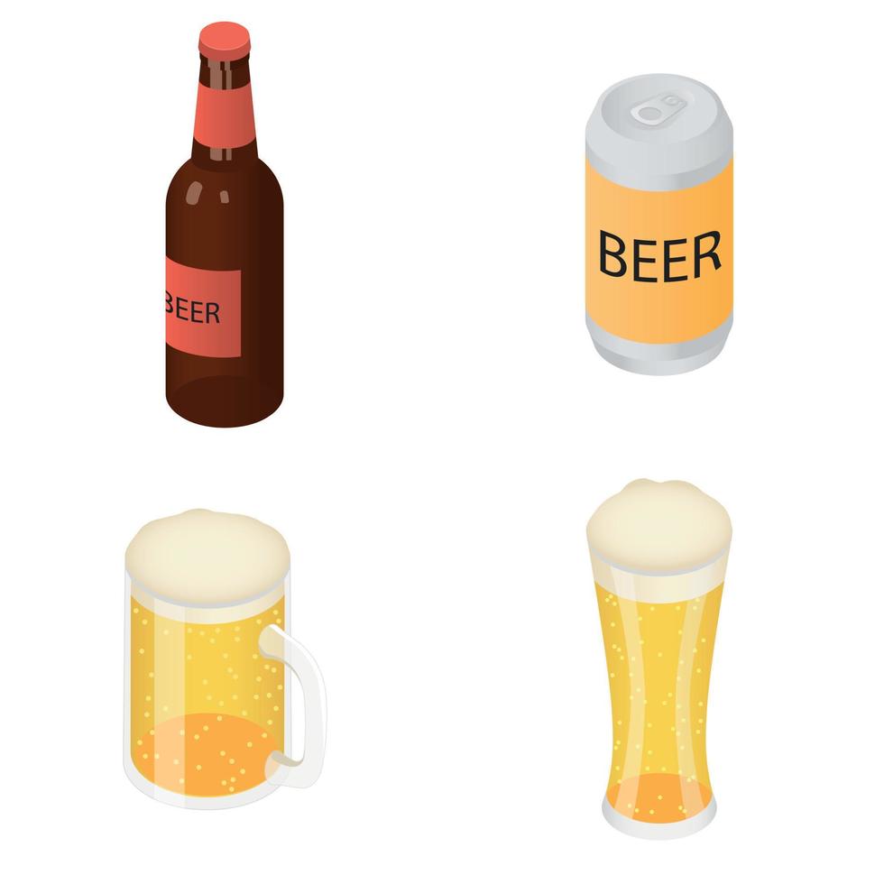 Beer bottles glass icons set, isometric style vector