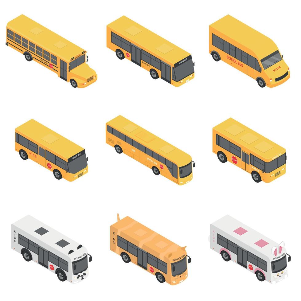 autobús escolar atrás niños conjunto de iconos, estilo isométrico vector