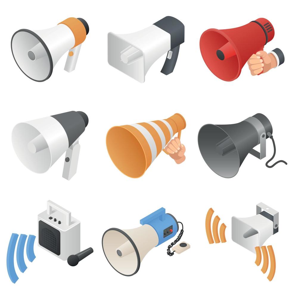Megaphone loud speaker icons set, isometric style vector