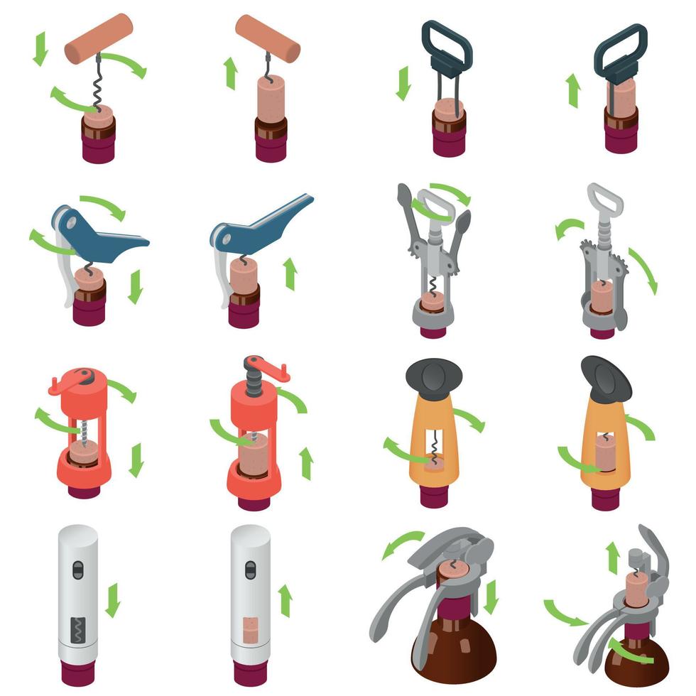 Corkscrew wine opener icons set, isometric style vector