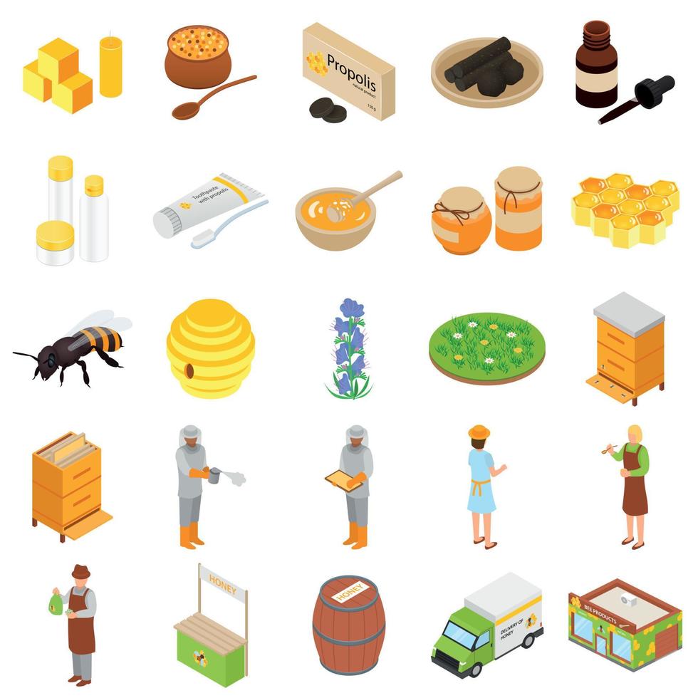 Propolis honey apiary icons set, isometric style vector