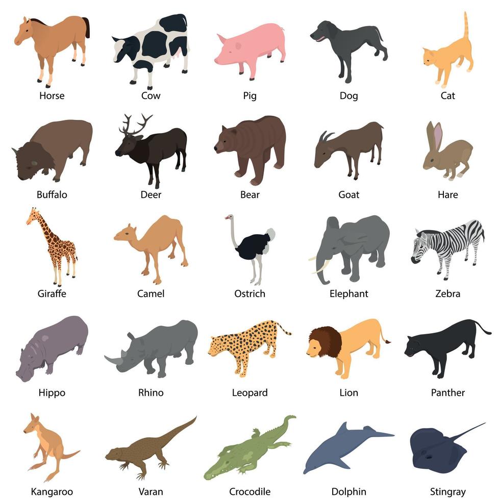 Animals with signed name icons set isometric style vector