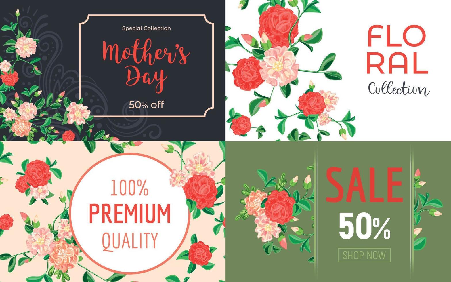 Camellia flower banner set, cartoon style vector