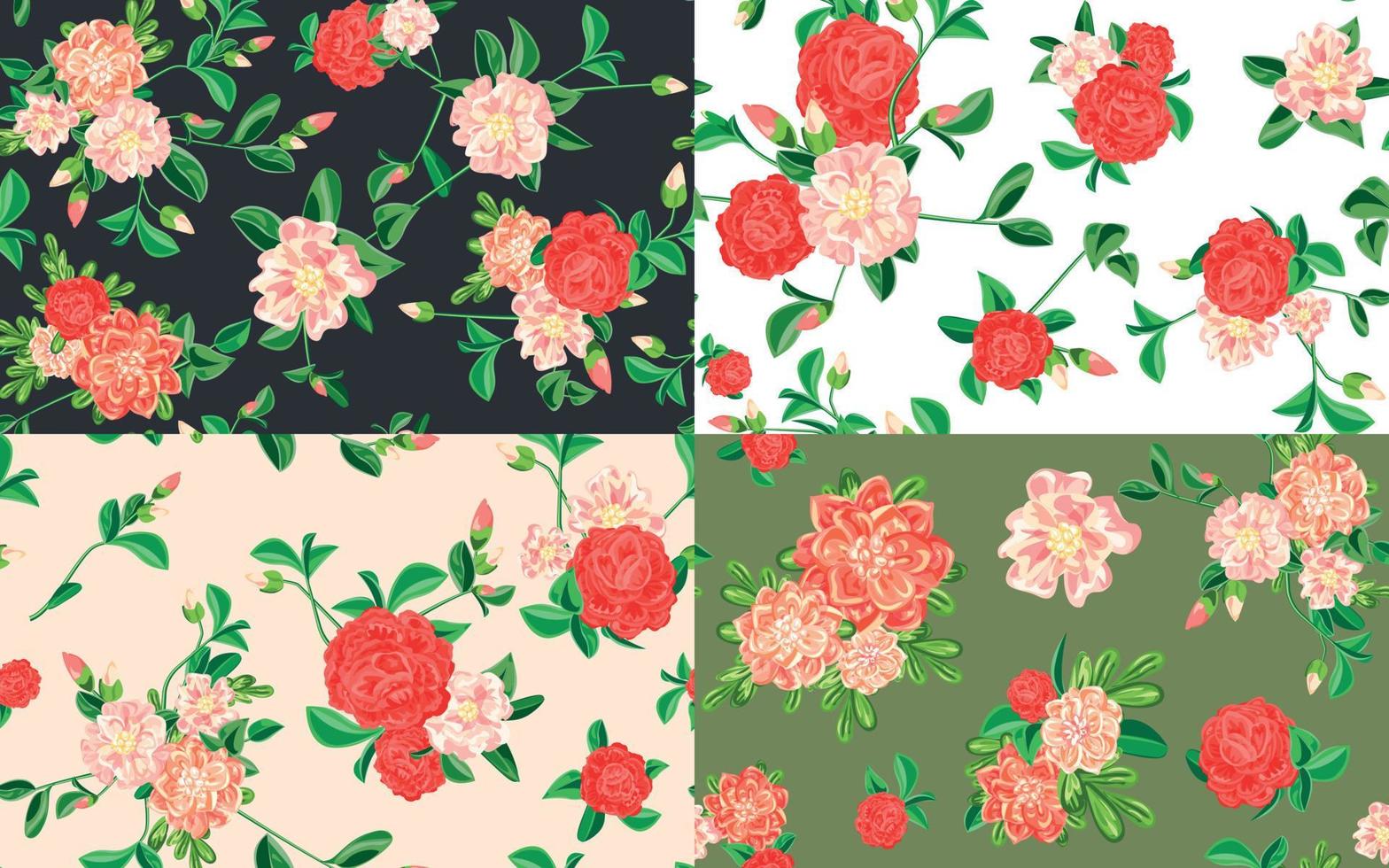 Camellia pattern set, cartoon style vector