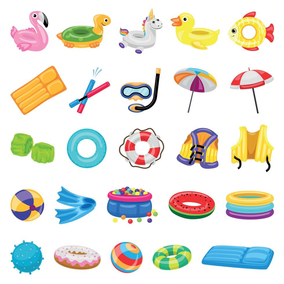 Pool equipment icons set, cartoon style vector
