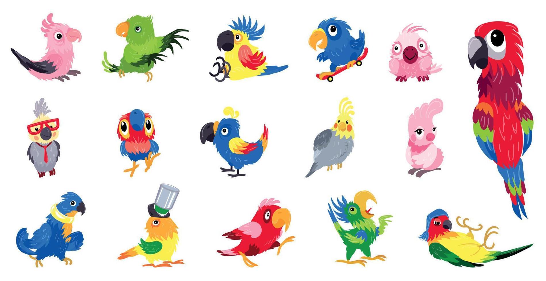 Parrot icons set, cartoon style vector