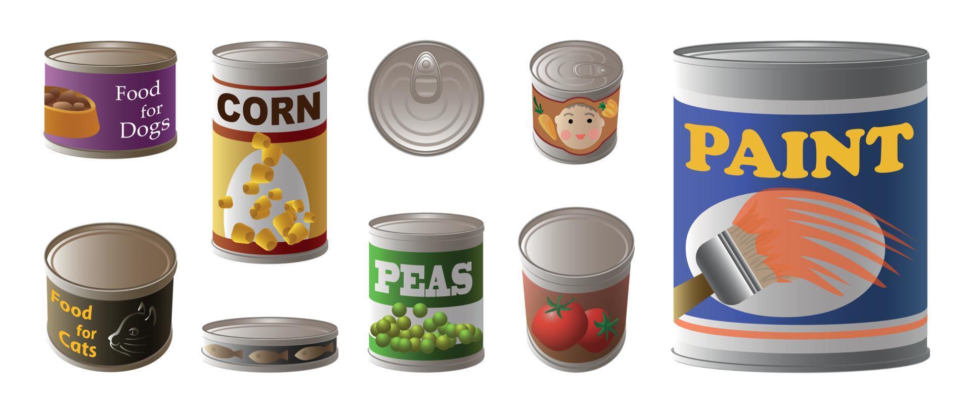 Tin can icons set, cartoon style vector