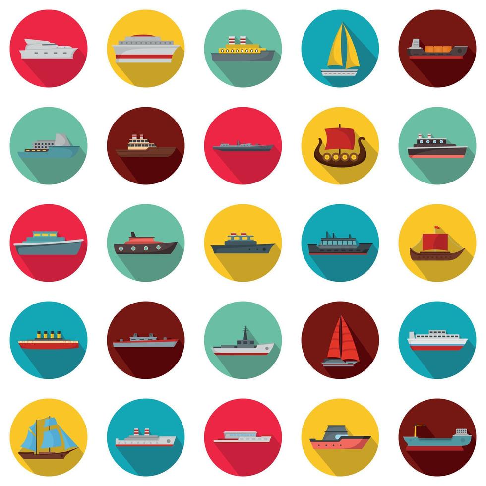 Marine vessels types icons set, flat style vector