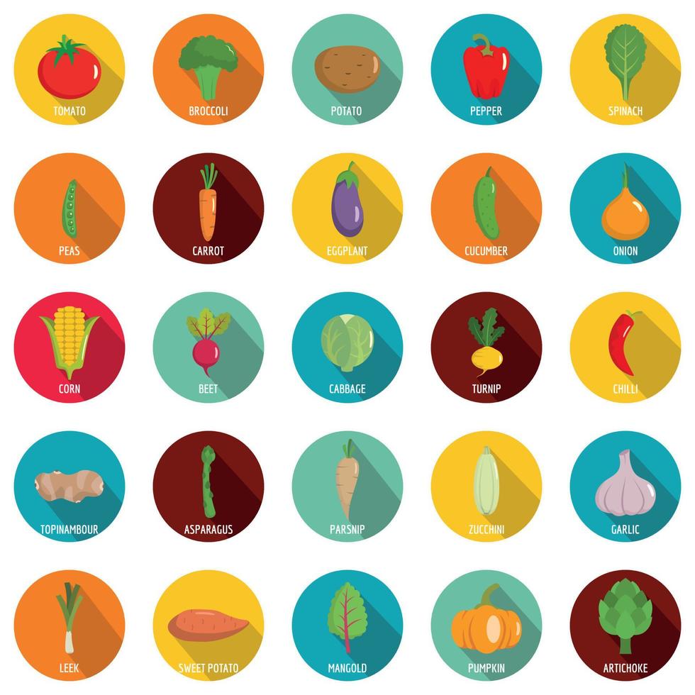 Vegetables icons set, flat style vector