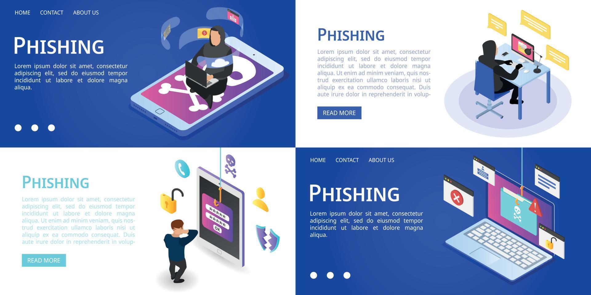 conjunto de banners de phishing, estilo isométrico vector